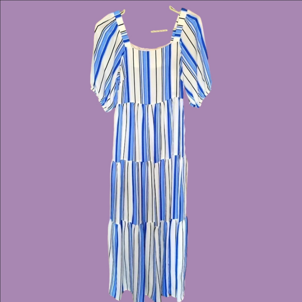 Melonie Blue Cream Striped Maxi Dress Size 2 NWT
